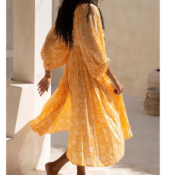 Boho Floral Print V neck 3/4 Sleeve Loose Fit Dress - Picture 4 of 11